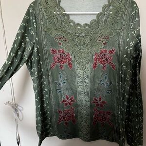 Embroidered Green Floral Women's Top